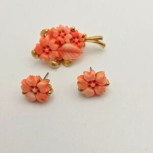 Vintage Gold Tone Flower Pin & Earring Set, Faux Coral Jewelry Vintage